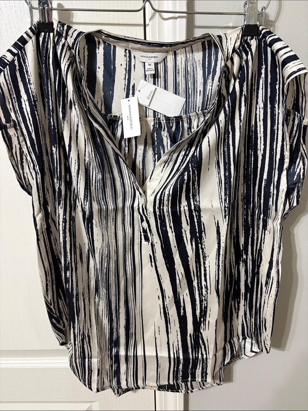 Banana Republic Navy and White Vertical Stripe Cap-Sleeve Blouse